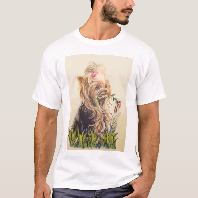 Camiseta "Yorkie en el jardín " (Anverso)