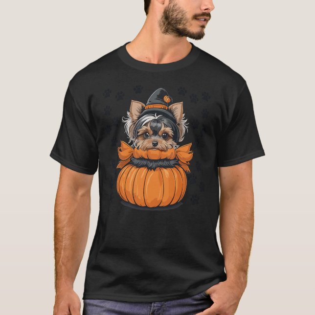 Camiseta Yorkie Halloween Costume Tee Pumpkin Men Women Kid (Anverso)