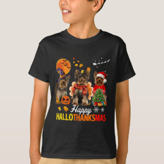 Camiseta Yorkie lindo feliz Hallothanksmas Halloween Día de