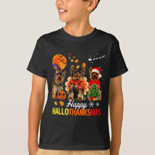 Camiseta Yorkie lindo feliz Hallothanksmas Halloween Día de