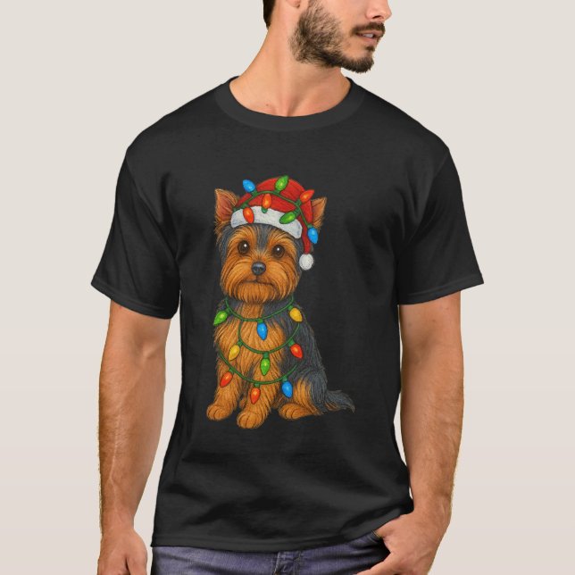 Camiseta Yorkshire Terrier Christmas Lights Dog Lover Xmas  (Anverso)