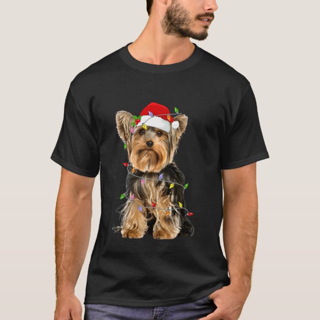 Camiseta Yorkshire Terrier Navidad Sombrero de Santa Luces  (Anverso)