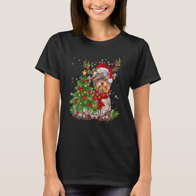 Camiseta Yorkshire Terrier Reindeer Christmas Tree Light De (Anverso)