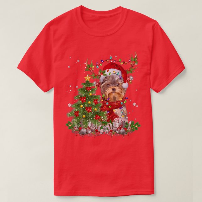 Camiseta Yorkshire Terrier Reindeer Christmas Tree Light De (Diseño del anverso)
