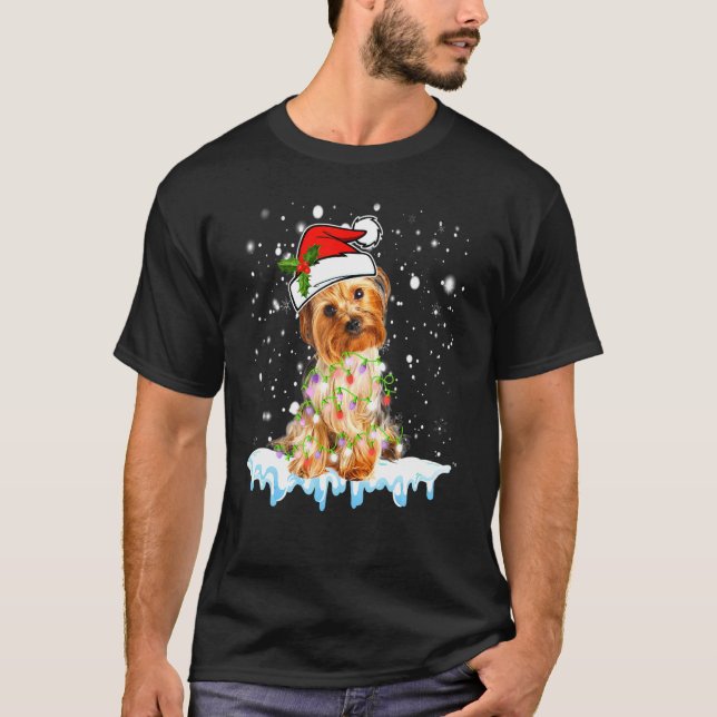 Camiseta Yorkshire Terrier Santa Hat Xmas Luces Perro (Anverso)