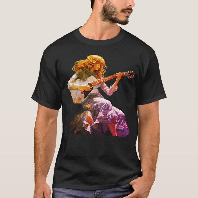 Camiseta Young Girl Strumming a Guitar on a Black T-Shirt (Anverso)