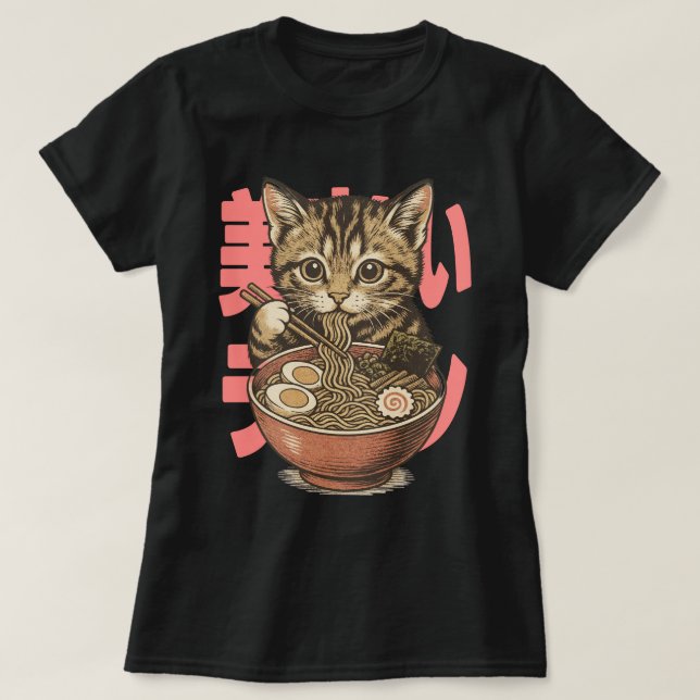 Camiseta Yummy Ramen Kitten Black (Diseño del anverso)