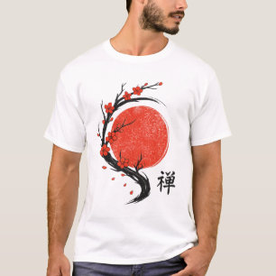 Camiseta Zen Minimalista Flor de Cerezo Japonesa Sol Rojo