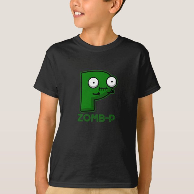 Camiseta Zomb-P Funny Halloween Zombie Alphabet Pun Dark BG (Anverso)