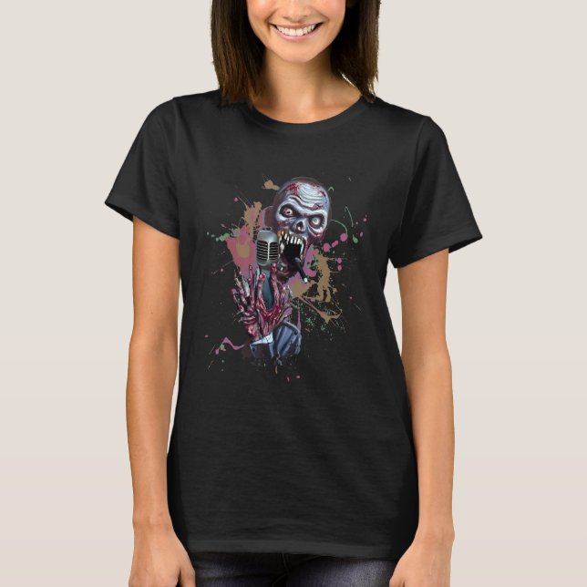Camiseta Zombie Cantando Micrófono Metalizado Rock Horror (Anverso)