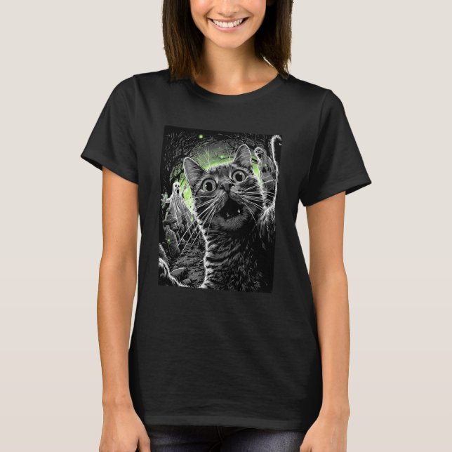 Camiseta Zombie Cat Selfie Funny Scary Halloween Cemetery G (Anverso)