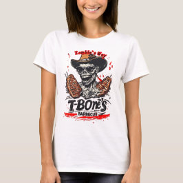 Camiseta Zombie comiendo un filete T-Bone en un blanco