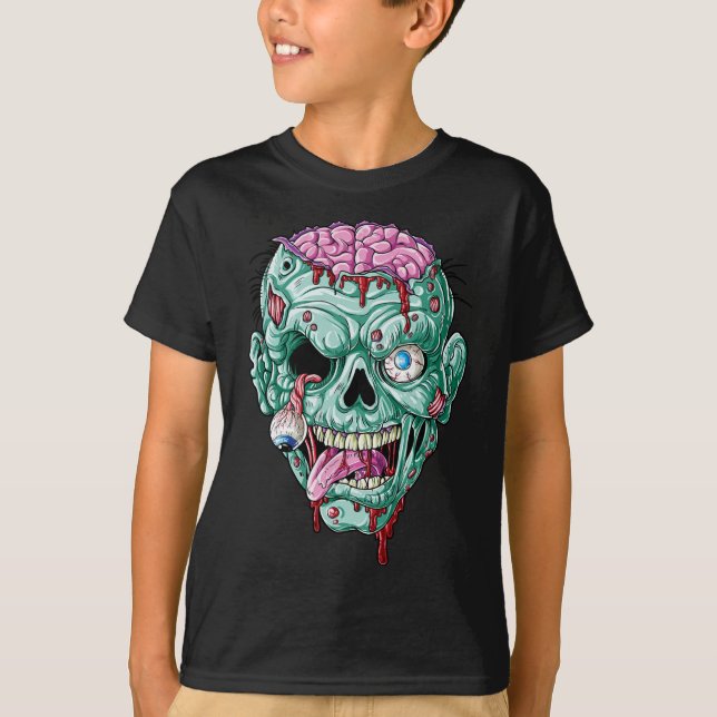 Camiseta Zombie Face Brain Halloween Niños Hombres Mujeres  (Anverso)