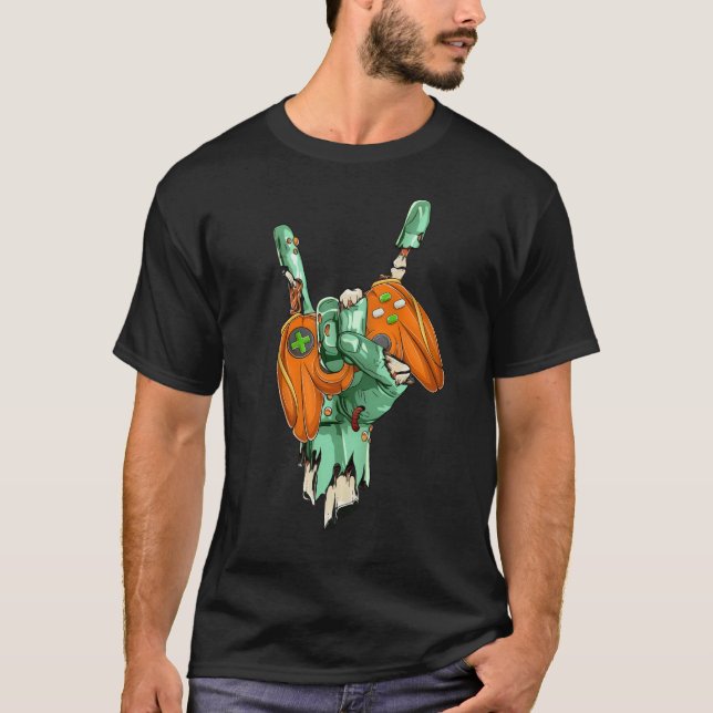 Camiseta Zombie Rock Hand Holding Pumkpin Gaming Controller (Anverso)
