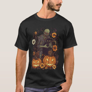 Camiseta Zombie Vintage con Gato Negro Floral Retro Diverti