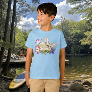 Camiseta Zorro Fennec Flores Rosadas Purpura Lindo Azul Bot