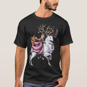 Camiseta Zorro Kitsune Japonés Montando Ciervo de Flor de C