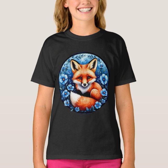 Camiseta Zorro rodeado de flores azules (Anverso)