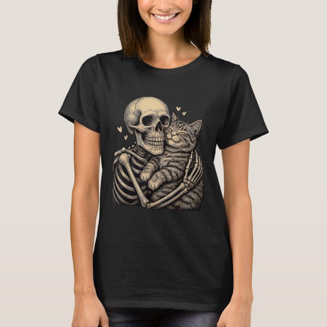 Camisetas de Halloween de gato abrazando esqueleto (Anverso)