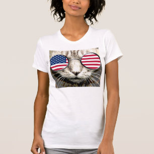 Camisetas divertidas del gato patriótico, gafas de