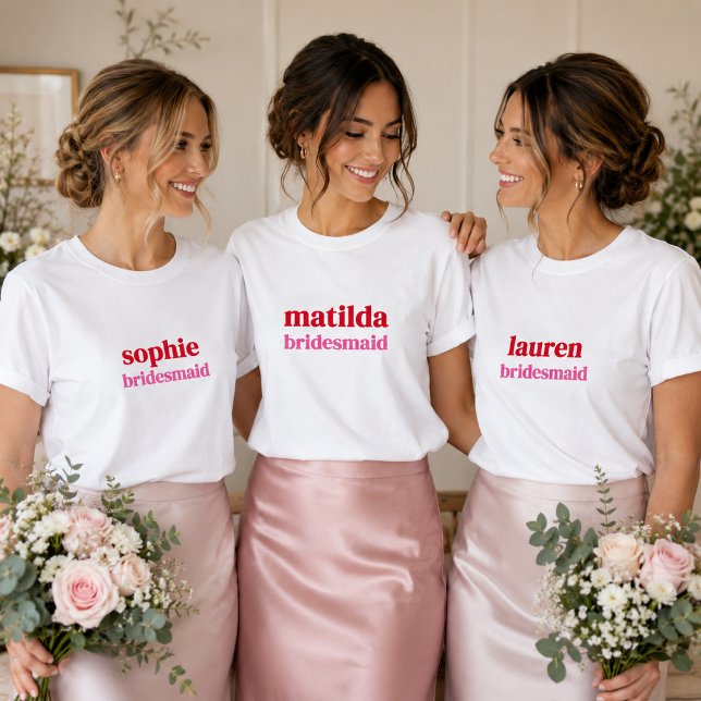 Camisetas para Damas de Honor | Despedida de Solte (Personalized bridesmaid T-shirts with custom names for bridal party photos and gifts.)