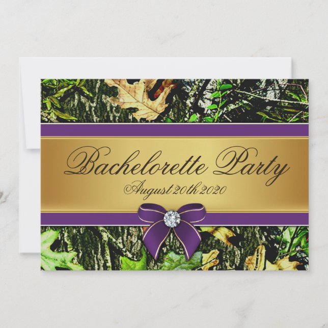 Camo Bachelorette en cacería púrpura invitaciones  (Anverso)