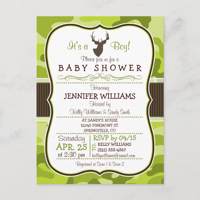 Camo verde con buck; invitación a Boy Baby Shower (Anverso)