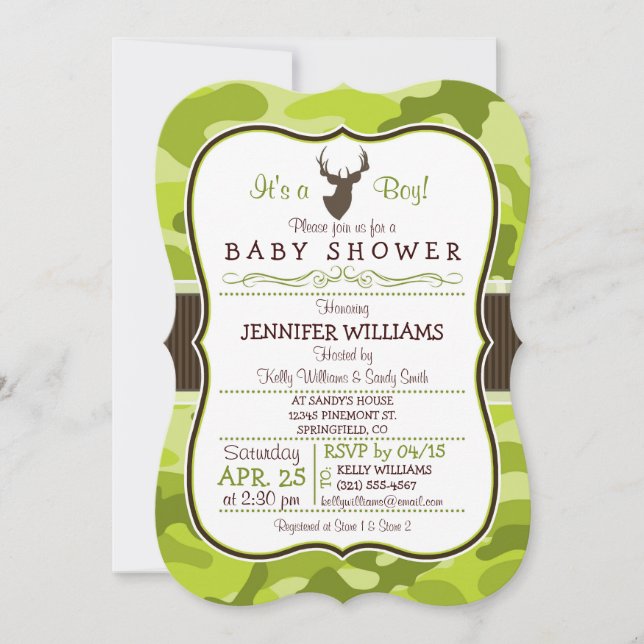 Camo verde con buck; invitación a Boy Baby Shower (Anverso)