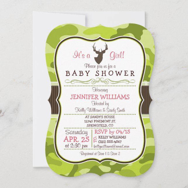 Camo verde con buck; invitación Chica a Baby Showe (Anverso)