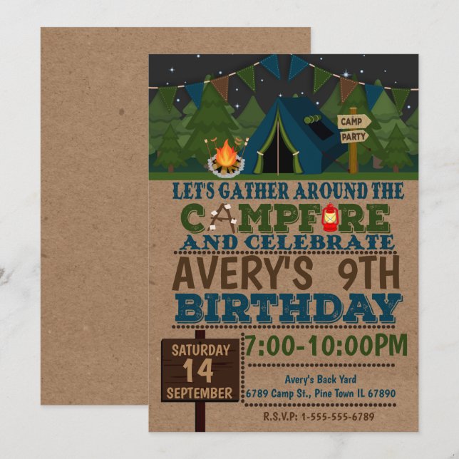 Campamento de invitaciones a la fiesta de cumpleañ (Anverso / Reverso)