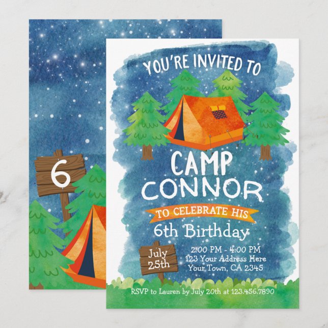 Campamento de Verano , Camping Invitación de Cumpl (Anverso / Reverso)