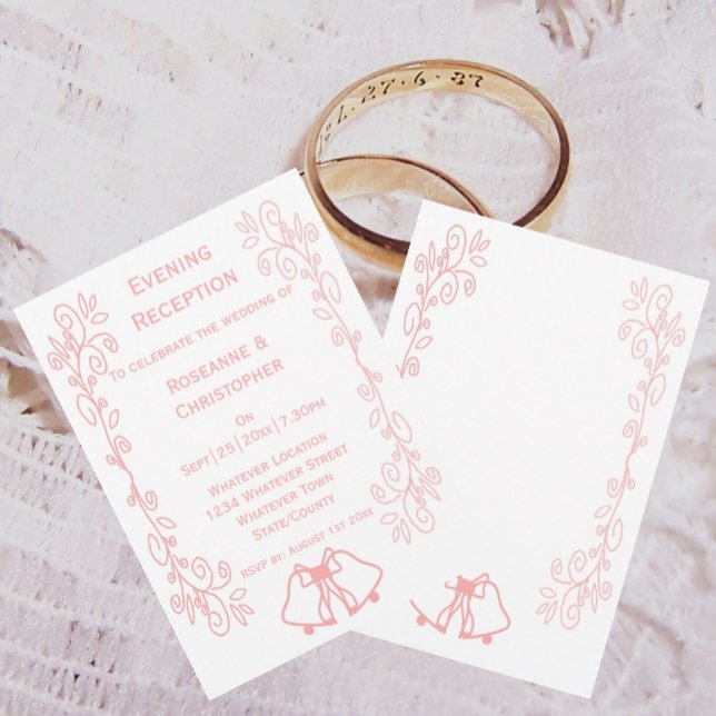 Campanas de invitación a la recepción de boda rosa (Pink wedding reception invitation bells and scrollwork design)