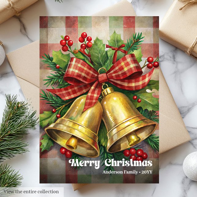 Campanas de Navidad adorables bayas de acebo vinta (Lovely Christmas bells vintage holly berries greeting)
