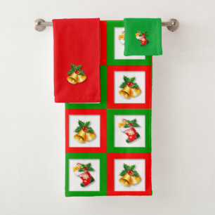Campanas de Navidad y calcetín en verde, rojo y bl