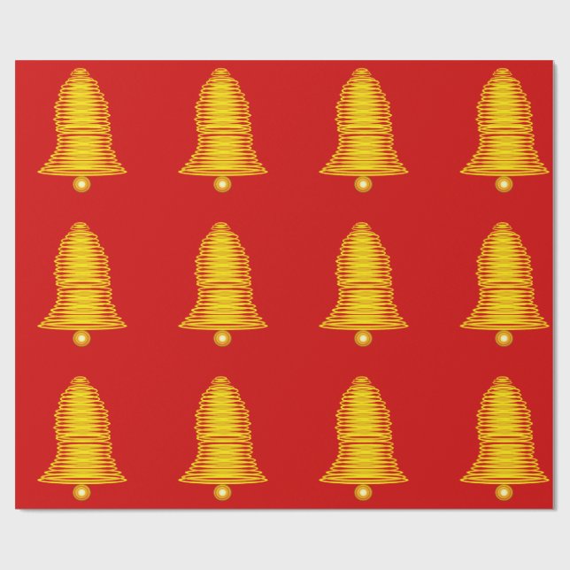 Campanas doradas en papel de regalo rojo (Superficie plana)