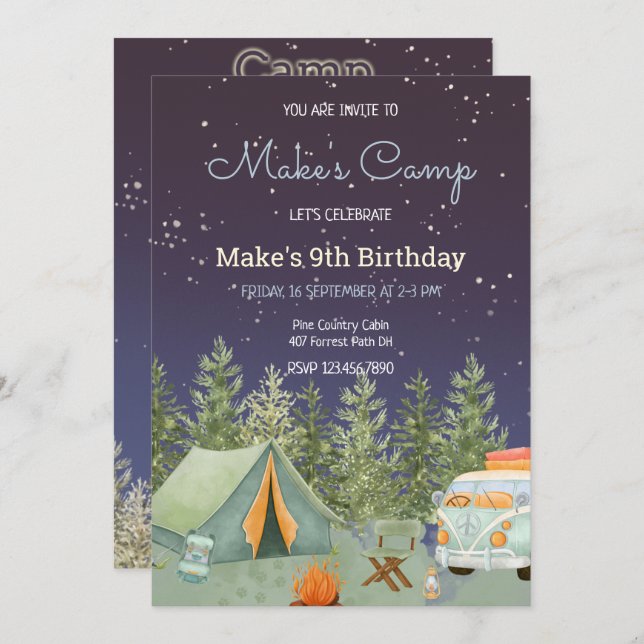 Camping Backpack Boy Invitación de cumpleaños (Anverso / Reverso)