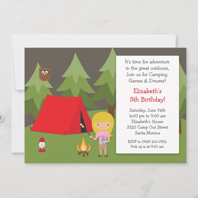 Camping Cumpleaños fiesta de invitación para Chica (Anverso)