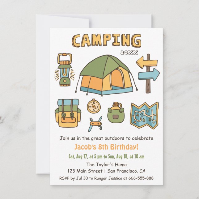 Camping Doodle Kids Birthday Party Invitaciones (Anverso)