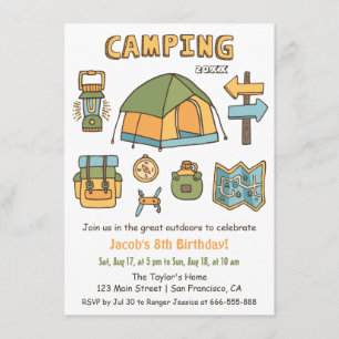 Camping Doodle Kids Cumpleaños Party Invitaciones