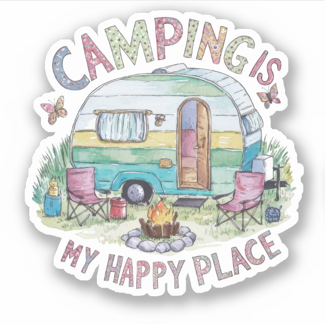 Camping es mi Pegatina de Vinyl Happy Place (Anverso)
