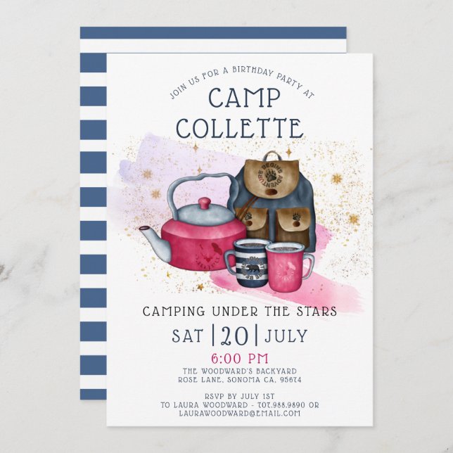 Camping Fiesta De Cumpleaños Bajo La Invitación De (Anverso / Reverso)
