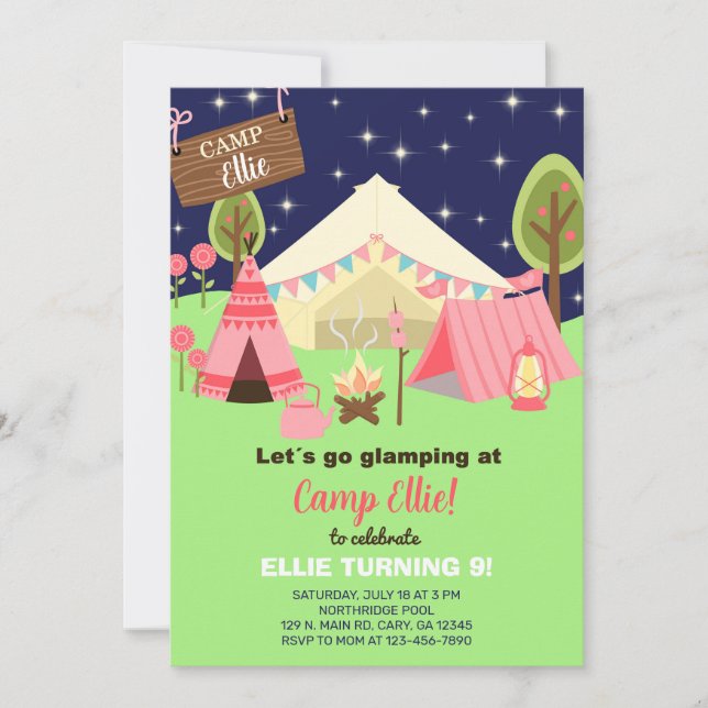 Camping glamping chica invitación de cumpleaños. (Anverso)