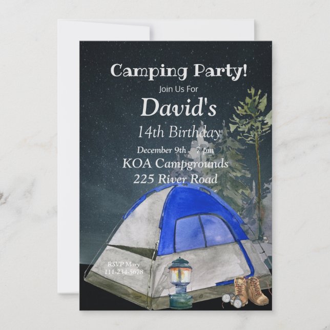 Camping Invitación a la fiesta de cumpleaños, camp (Anverso)