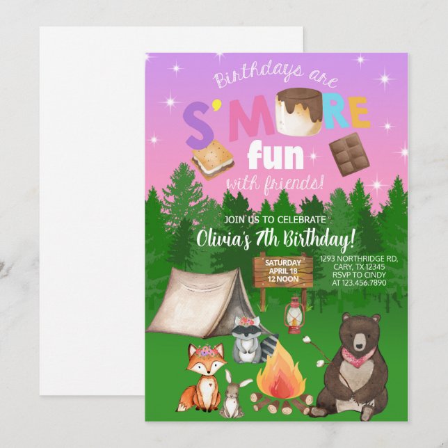 Camping más divertido chica invitación de cumpleañ (Anverso / Reverso)