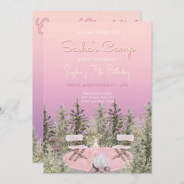 Camping Picnic Forest Chica Invitación de cumpleañ (Anverso / Reverso)