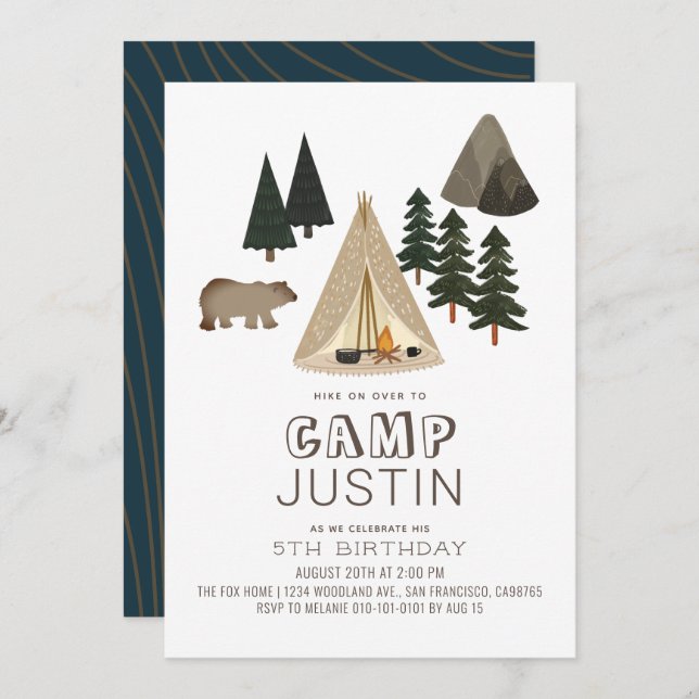 Camping Tent Bear Boy Invitación de cumpleaños (Anverso / Reverso)