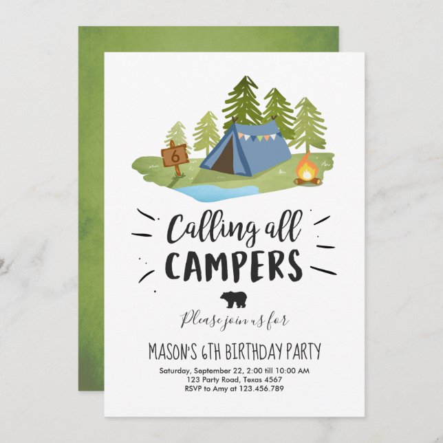Camping Tent Invitación al campamento de cumpleaño (Anverso / Reverso)