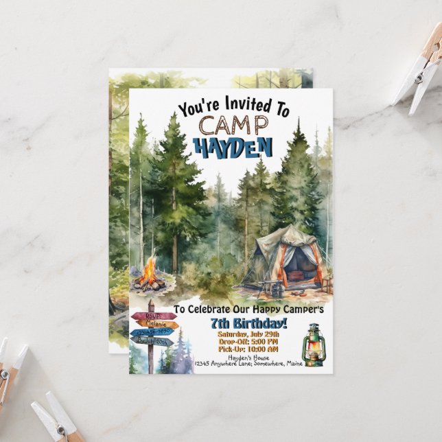Camping Woods Camp Invitaciones al cumpleaños al a (Anverso/Reverso In Situ)
