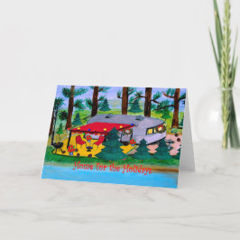 Campista vintage de Navidad junto al lago Tarjetas