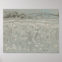 Campo de flores blancas y azules impresión de arte